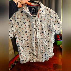 Casual White Shirt with Blue and Red Patterns